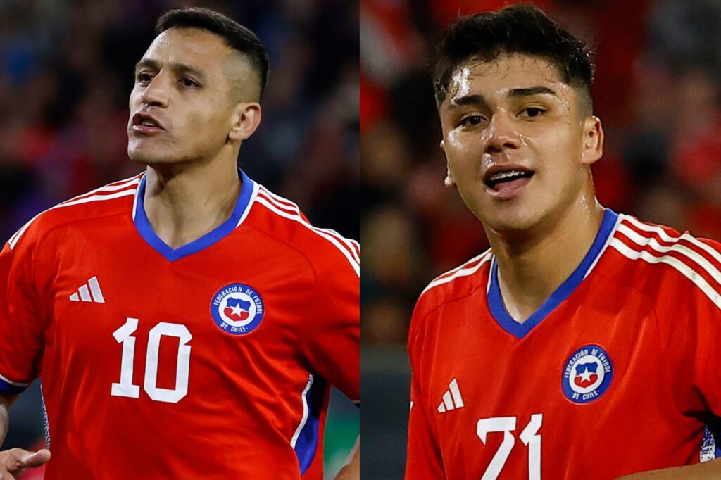 Primer plano a Alexis Sánchez y Damián Pizarro con la camiseta de la Selección Chilena.