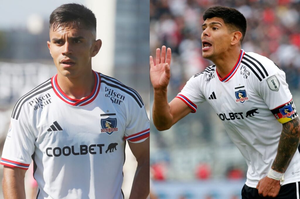 Primer plano a los torsos y rostros de Vicente Pizarro y Esteban Pavez con la camiseta de Colo-Colo.