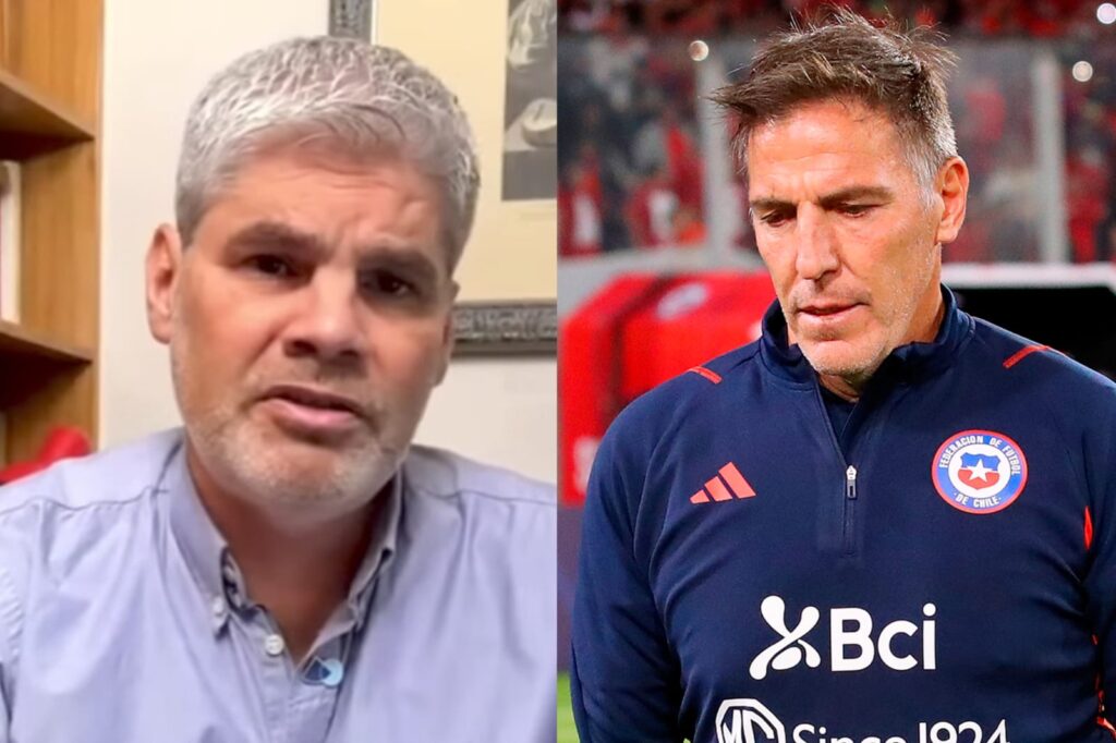 Primer plano a los rostros de Juan Cristóbal Guarello y Eduardo Berizzo con indumentaria de la Selección Chilena.