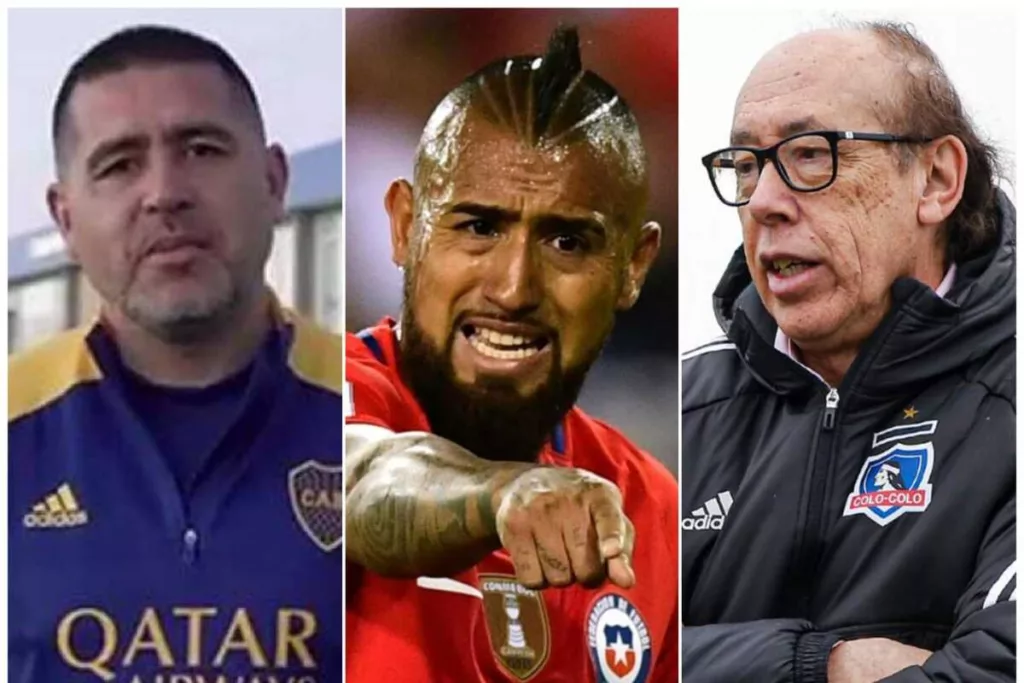 Primer plano al rostro de Juan Román Riquelme, Arturo Vidal y Alfredo Stöhwing, actual gerente deportivo, jugador de la Selección Chilena y presidente de Colo-Colo durante la temporada 2023, respectivamente.