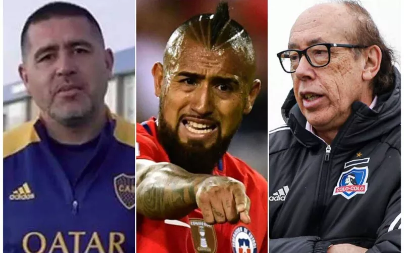 Primer plano al rostro de Juan Román Riquelme, Arturo Vidal y Alfredo Stöhwing, actual gerente deportivo, jugador de la Selección Chilena y presidente de Colo-Colo durante la temporada 2023, respectivamente.