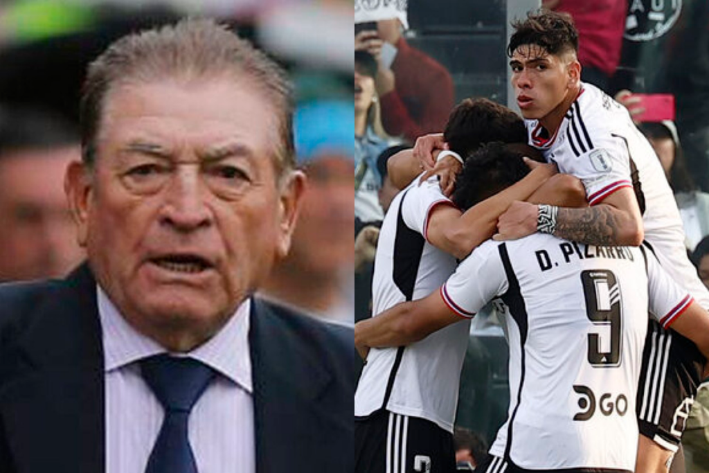 Primer plano al ex entrenador y futbolista profesional Hernán 'Clavito' Godoy, mientras que a mano derecha derecha aparecen los jugadores de Colo-Colo celebrando un gol durante la temporada 2023.