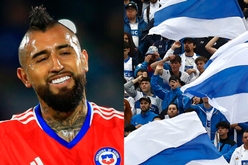 A mano izquierda aparece Arturo Vidal sonriendo en pleno partido de la Selección Chilena, mientras que en el sector derecho se pueden evidenciar hinchas de Universidad Católica.