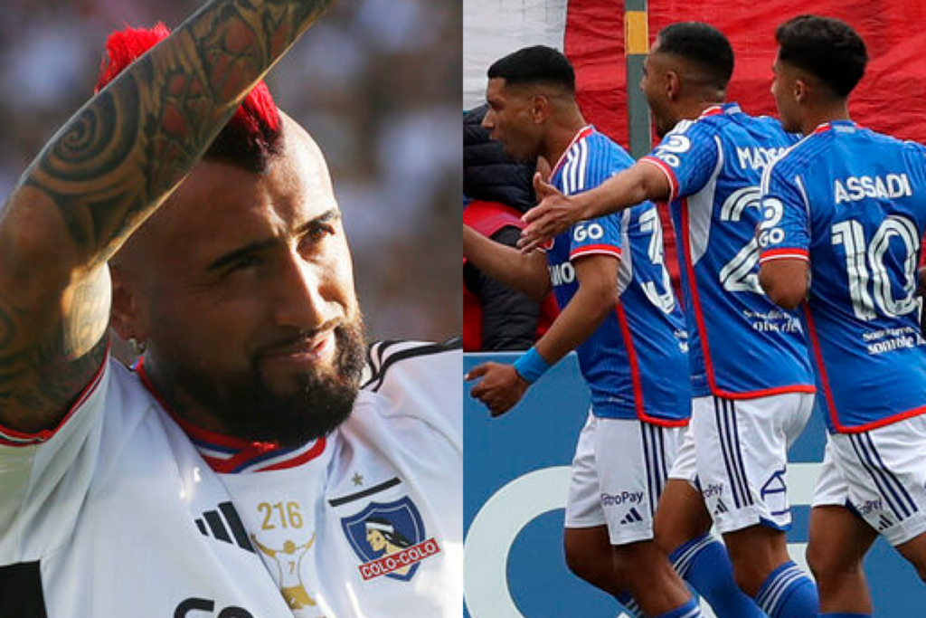 A mano izquierda se puede evidencia a Arturo Vidal con la camiseta de Colo-Colo, mientras que en el sector derecho de la fotografía aparecen los futbolistas de Universidad de Chile celebrando un gol durante la temporada 2023.