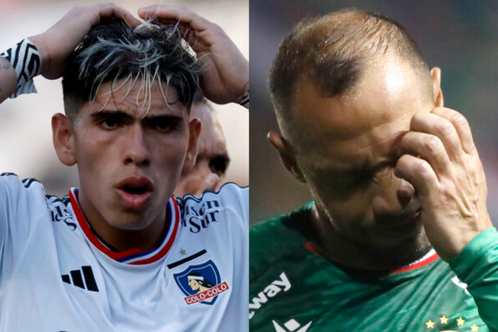 Carlos Palacios con las manos en la cabeza y signo de preocupación en pleno partido de Colo-Colo, mientras que a mano derecha Marcelo Díaz se lamenta y se tapa su cara con una mano mientras defiende la camiseta de Audax Italiano.