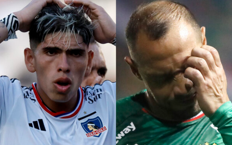 Carlos Palacios con las manos en la cabeza y signo de preocupación en pleno partido de Colo-Colo, mientras que a mano derecha Marcelo Díaz se lamenta y se tapa su cara con una mano mientras defiende la camiseta de Audax Italiano.