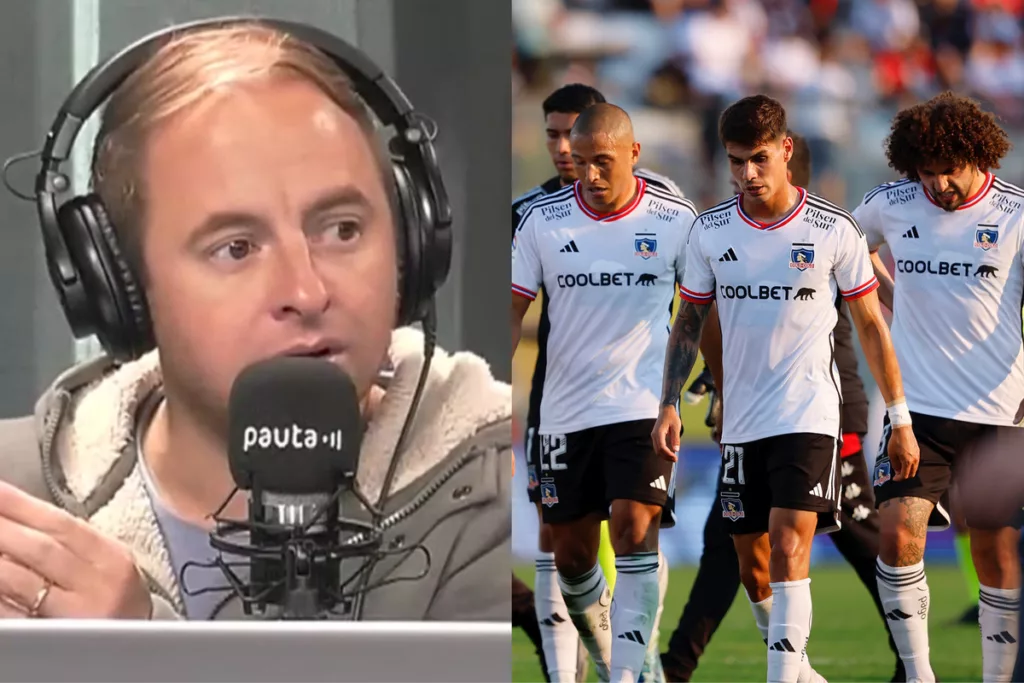 Jorge Hevia con mirada fija durante el programa Pauta de Juego. Jugadores de Colo-Colo cabizbajos, saliendo de la cancha.