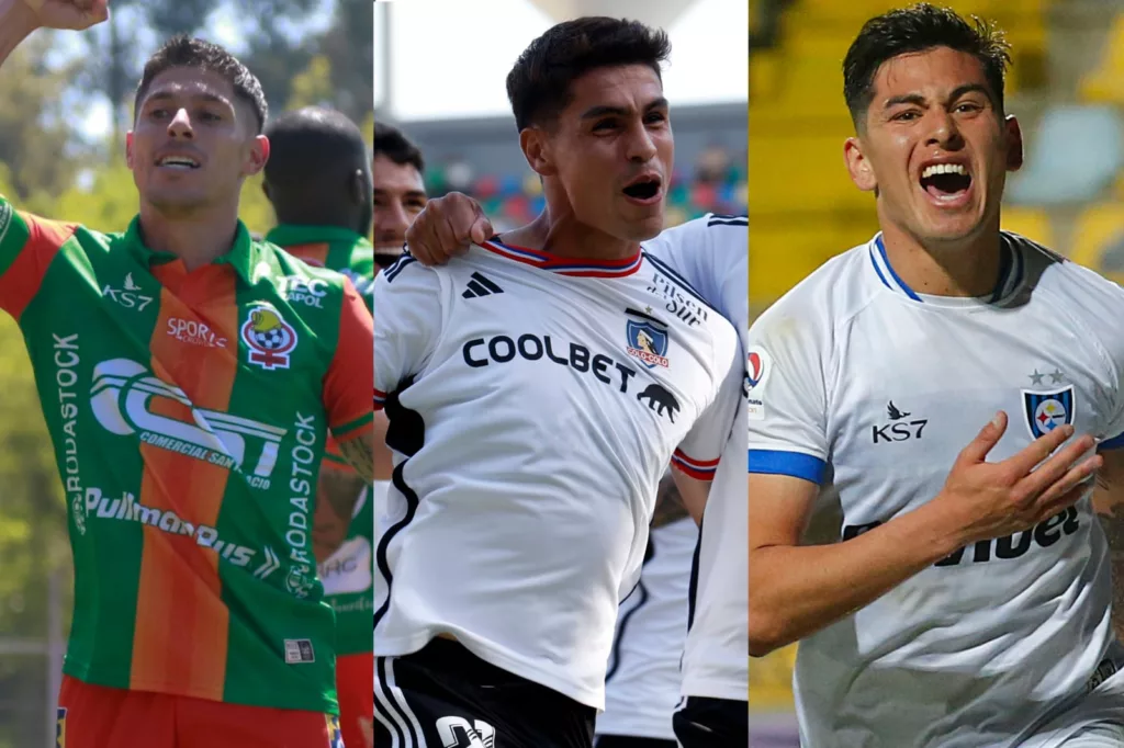 Gastón Lezcano, Erick Wiemberg y Maximiliano Rodríguez celebrando goles con las camisetas de Cobresal, Colo-Colo y Huachipato, respectivamente.