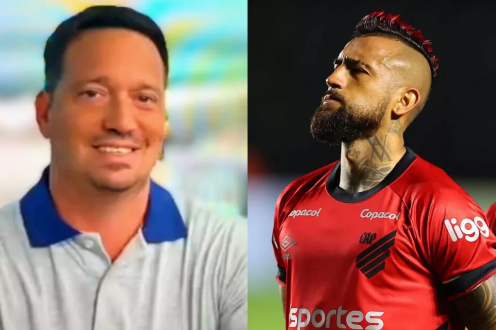 Primer plano a César Luis Merlo sonriendo con camiseta polo y Arturo Vidal serio con indumentaria de Athletico Paranaense.