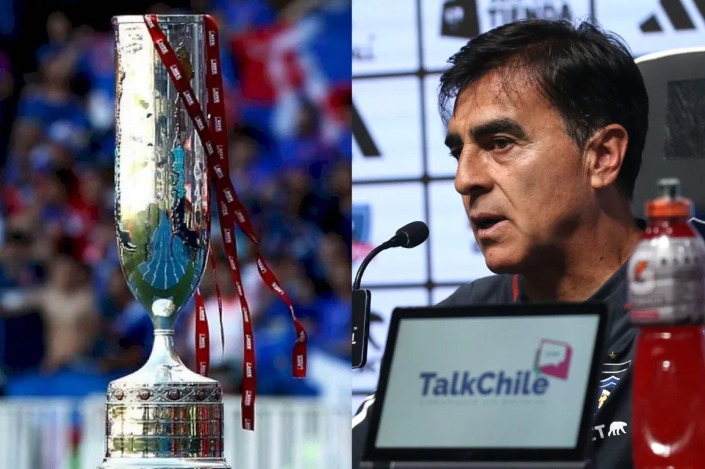 Gustavo Quinteros en conferencia de prensa y el trofeo de la Copa Chile