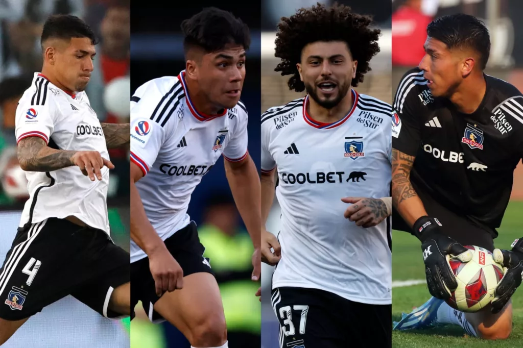 Torso y rostro de Alan Saldivia, Maximiliano Falcón, Damián Pizarro y Brayan Cortés con camiseta de Colo-Colo.