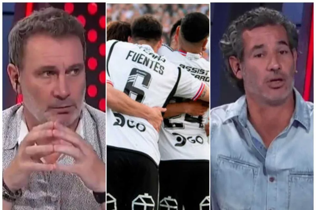 Primer plano al rostro pensativo de Marcelo Barticciotto, sumado al de Dante Poli con cara de indignación y al medio los jugadores de Colo-Colo durante el 2023 celebrando un gol abrazados.