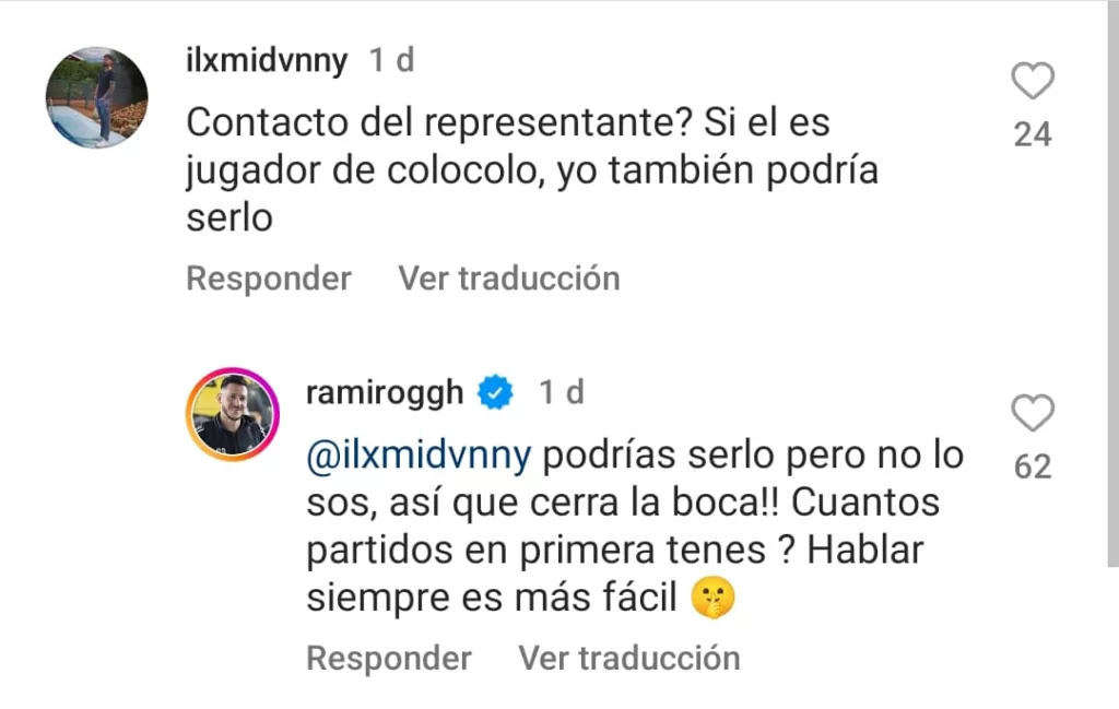 Comentario Ramiro González en Insragram donde le responde a un crítico en redes sociales.