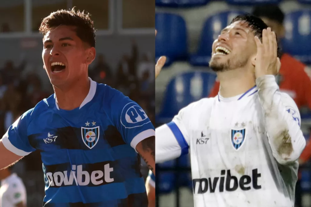 Maximiliano Rodríguez y Felipe Loyola celebrando goles con la camiseta de Huachipato