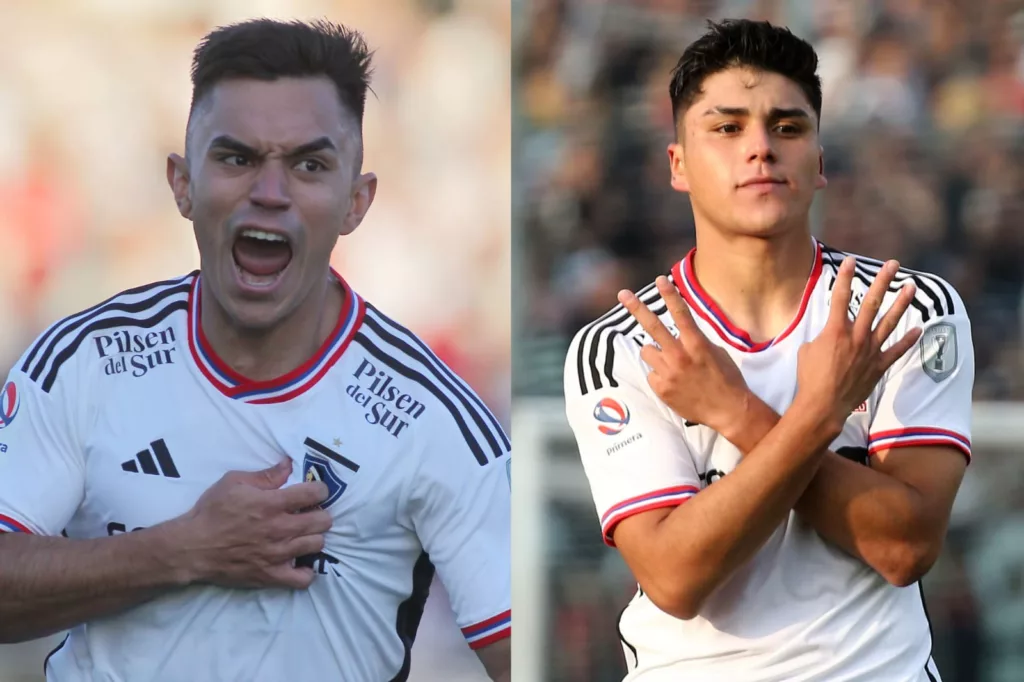 Primer plano a Damián y Vicente Pizarro con la camiseta de Colo-Colo celebrando un gol.