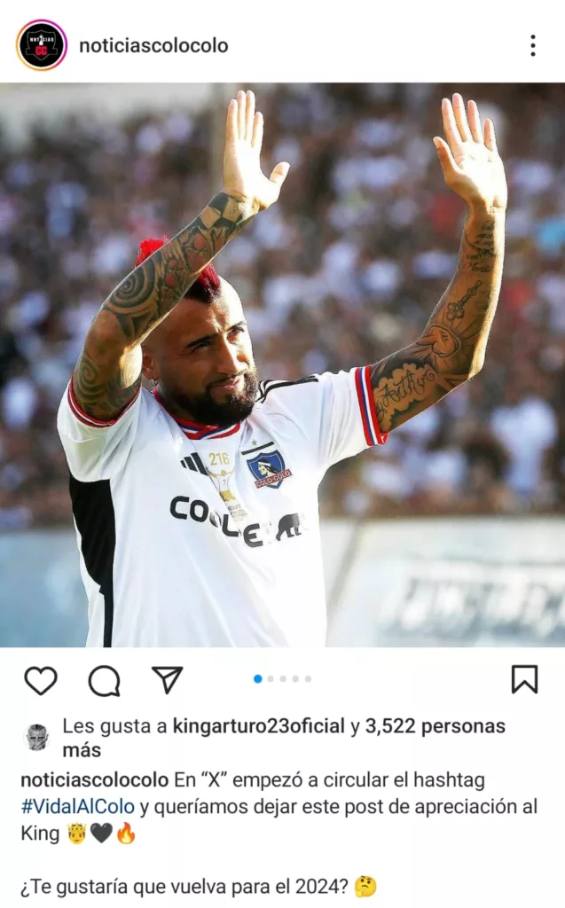 Publicación en Instagram de Noticias Colo-Colo con el like de Arturo Vidal