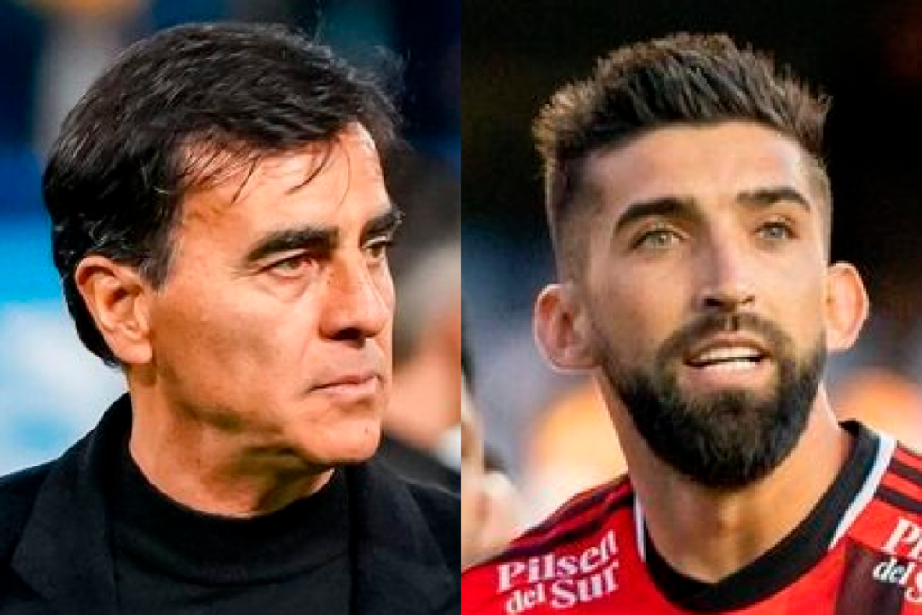 Primer plano al rostro de Emiliano Amor y Gustavo Quinteros, defensor y entrenador de Colo-Colo durante la temporada 2023, respectivamente.