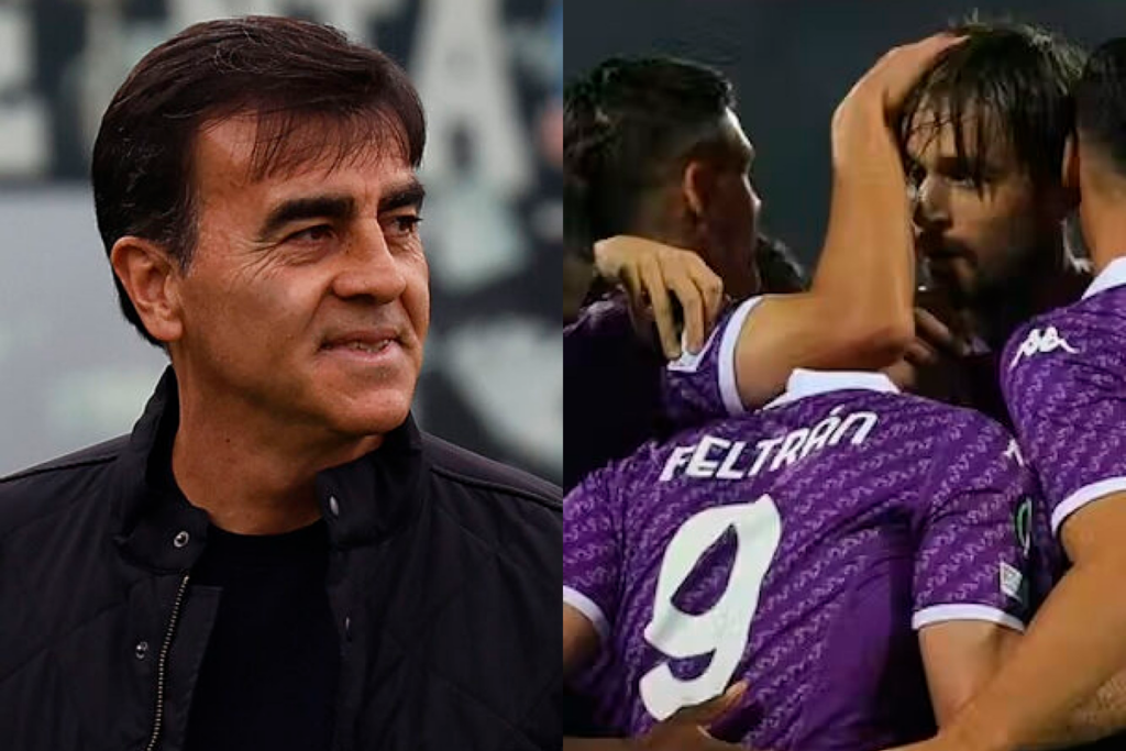 A mano izquierda se puede observar a Gustavo Quinteros sonriendo en su rol de entrenador, mientras que a mano derecha los futbolistas de Fiorentina se abrazan tras un gol durante la temporada 2023.