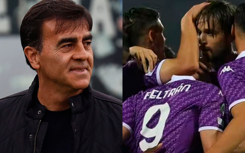 A mano izquierda se puede observar a Gustavo Quinteros sonriendo en su rol de entrenador, mientras que a mano derecha los futbolistas de Fiorentina se abrazan tras un gol durante la temporada 2023.