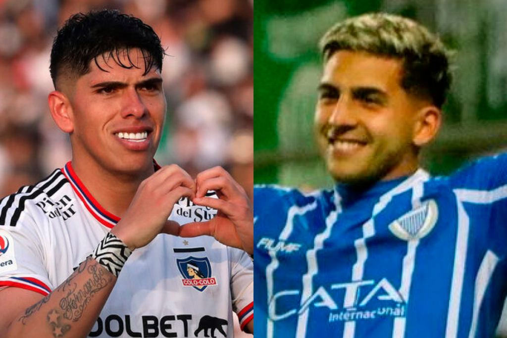 Primer plano a los rostros de felicidad de Carlos Palacios y Hernán López, respectivos jugadores de Colo-Colo y Godoy Cruz durante la temporada 2023.