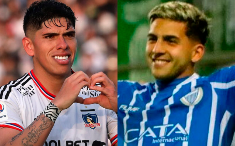 Primer plano a los rostros de felicidad de Carlos Palacios y Hernán López, respectivos jugadores de Colo-Colo y Godoy Cruz durante la temporada 2023.