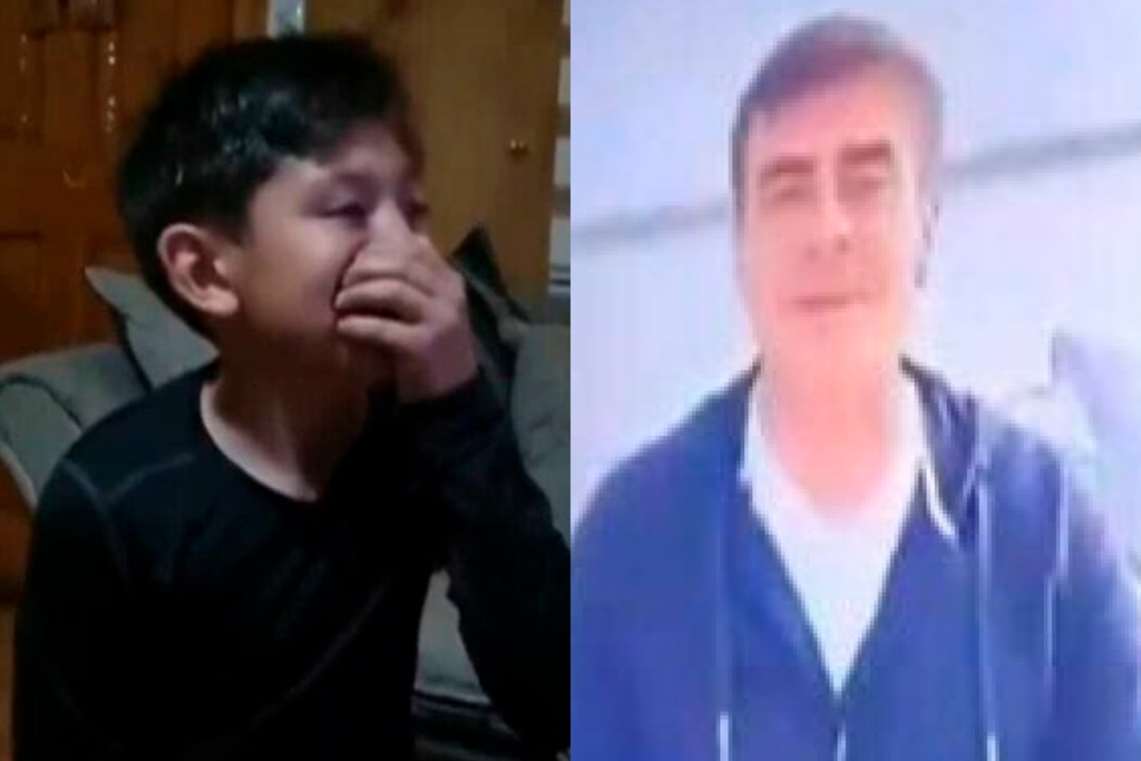 Un pequeño llora a mano izquierda mientras recibe un mensaje de Gustavo Quinteros, quien se encuentra a mano derecha.