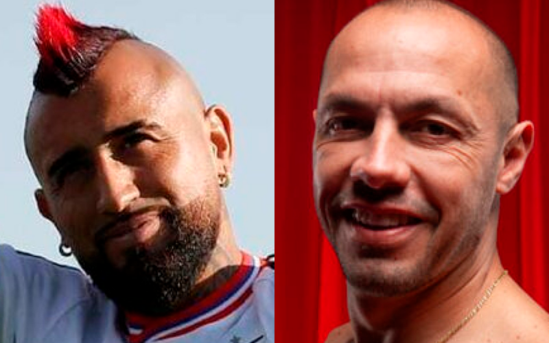 Primer plano a los rostros sonrientes de Arturo Vidal y Marcelo Díaz. futbolistas profesionales que están completamente identificados con Colo-Colo y Universidad de Chile, respectivamente.