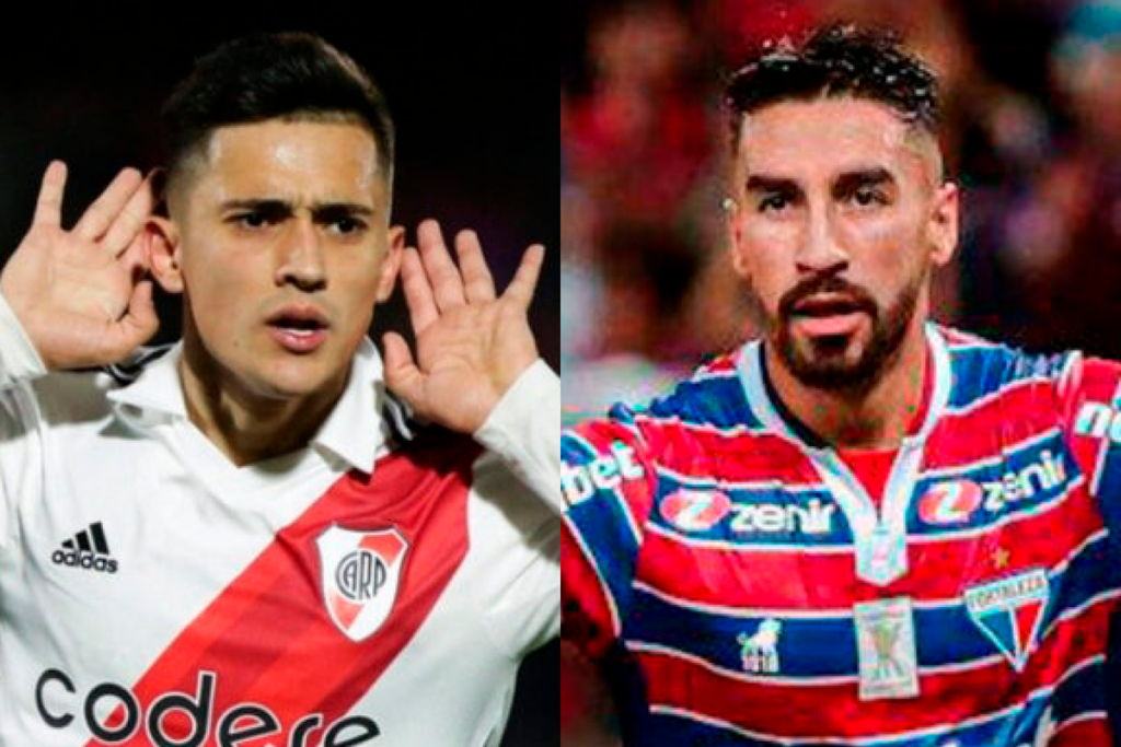 Primer plano a los rostros de los jugadores Pablo Solari y Juan Martín Lucero, futbolistas de River Plate y Fortaleza, respectivamente. Cabe destacar que ambos coincidieron en Colo-Colo durante el año 2022.