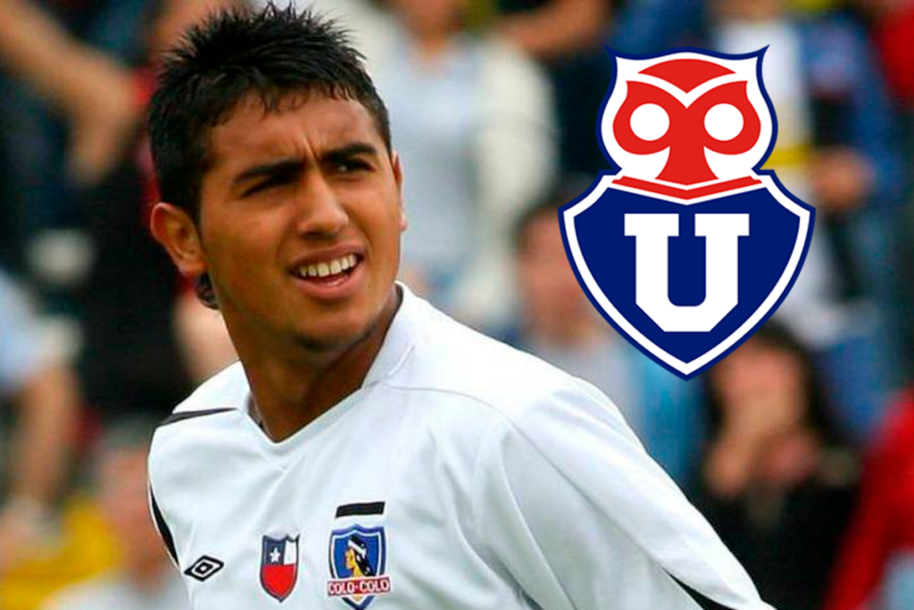 Primer plano al rostro de Arturo Vidal en sus inicios con la camiseta de Colo-Colo, mientras que a mano derecha aparece el logo de Universidad de Chile incrustado en la imagen.