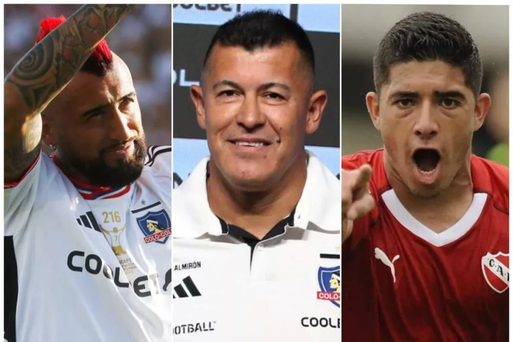 Primer plano a los futbolistas Arturo Vidal y Braian Martínez, sumado al entrenador de Colo-Colo durante la temporada 2024, Jorge Almirón.