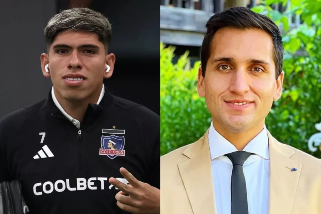 Carlos Palacios con camiseta de entrenamiento de Colo-Colo y Daniel Arrieta con terno