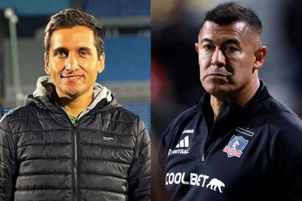 Primer plano a Daniel Arrieta y Jorge Almirón com indumentaria de Colo-Colo