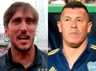 Primer plano a los rostros de Luis Zubeldía y Jorge Almirón, entrenadores profesionales de fútbol de Liga Universitaria de Quito y Boca Juniors durante la temporada 2023, respectivamente.