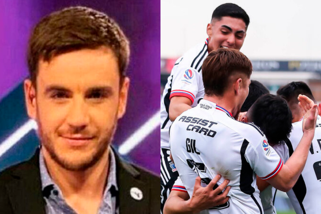 A mano izquierda se puede observar un primer plano al rostro del periodista Gonzalo Fouillioux, mientras que a mano derecha se observa a los jugadores de Colo-Colo celebrando un gol durante la temporada 2023.