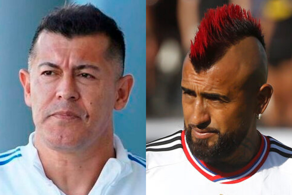 Primer plano al rostro de Jorge Almirón y Arturo Vidal, entrenador y futbolista profesional durante la temporada 2024, respectivamente.