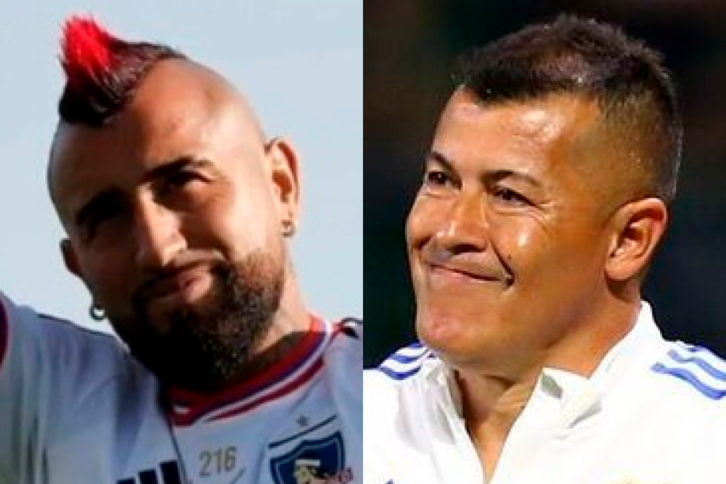 Arturo Vidal sonriendo con la camiseta de Colo-Colo, mientras que a mano derecha aparece Jorge Almirón con rostro de preocupación.