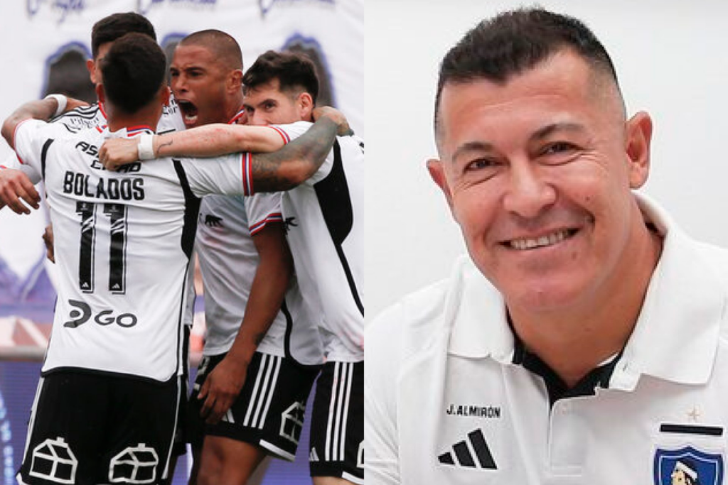 A la izquierda los futbolistas de Colo-Colo celebran un gol durante la temporada 2023, mientras que a mano izquierda se puede observar un primer plano al rostro sonriente de Jorge Almirón.