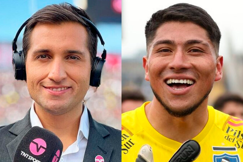 Primer plano a los rostros sonrientes de Daniel Arrieta y Brayan Cortés, periodista deportivo y jugador de la Selección Chilena/Colo-Colo, respectivamente.