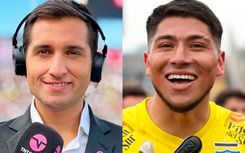 Primer plano a los rostros sonrientes de Daniel Arrieta y Brayan Cortés, periodista deportivo y jugador de la Selección Chilena/Colo-Colo, respectivamente.