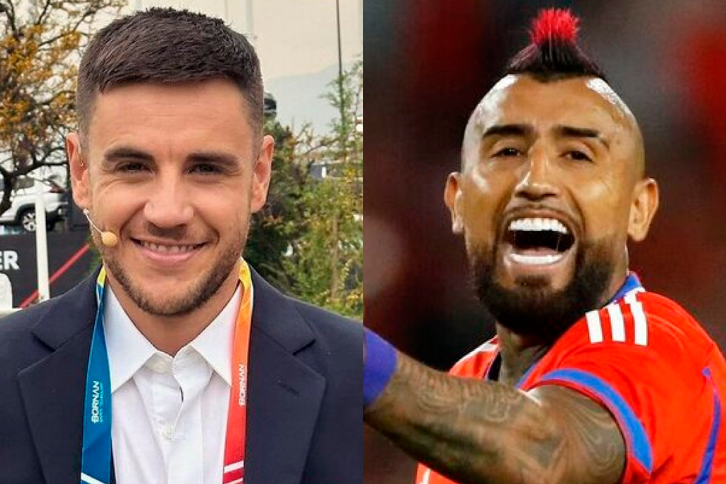 Primer plano al rostro de Gonzalo Fouillioux y Arturo Vidal, actual periodista deportivo y futbolista profesional chileno, respectivamente.