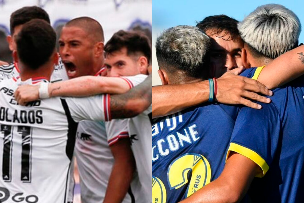 Futbolistas de Colo-Colo celebran a mano izquierda y los jugadores de Rosario Central se abrazan y hacen lo propio en el sector derecho de la fotografía.