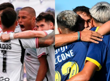 Futbolistas de Colo-Colo celebran a mano izquierda y los jugadores de Rosario Central se abrazan y hacen lo propio en el sector derecho de la fotografía.
