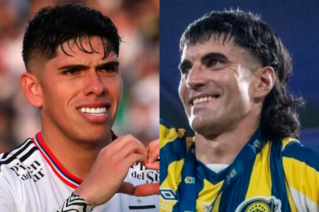 Primer plano al rostro sonriente de Carlos Palacios e Ignacio Malcorra, futbolista de Colo-Colo y Rosario Central durante la temporada 2023, respectivamente.