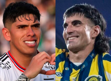 Primer plano al rostro sonriente de Carlos Palacios e Ignacio Malcorra, futbolista de Colo-Colo y Rosario Central durante la temporada 2023, respectivamente.