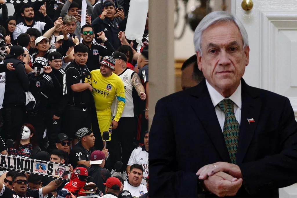 Garra Blanca en el sector Arica del Estadio Monumental. Primer plano de Sebastián Piñera.