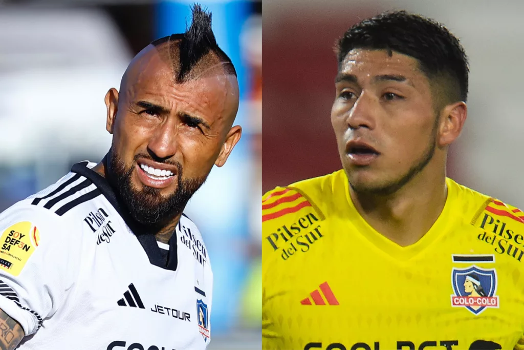 Primer plano de Arturo Vidal y Brayan Cortés con la camiseta de Colo-Colo.