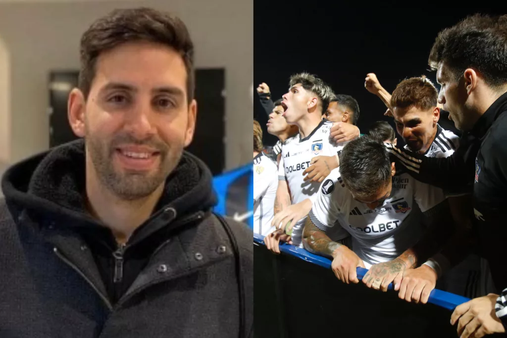 Primer plano de Maks Cárdenas. Jugadores de Colo-Colo celebrando un gol.