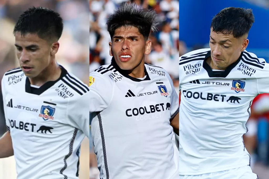 Primer plano a Matías Moya, Carlos Palacios y Cristián Zavala con la indumentaria 2024 de Colo-Colo.