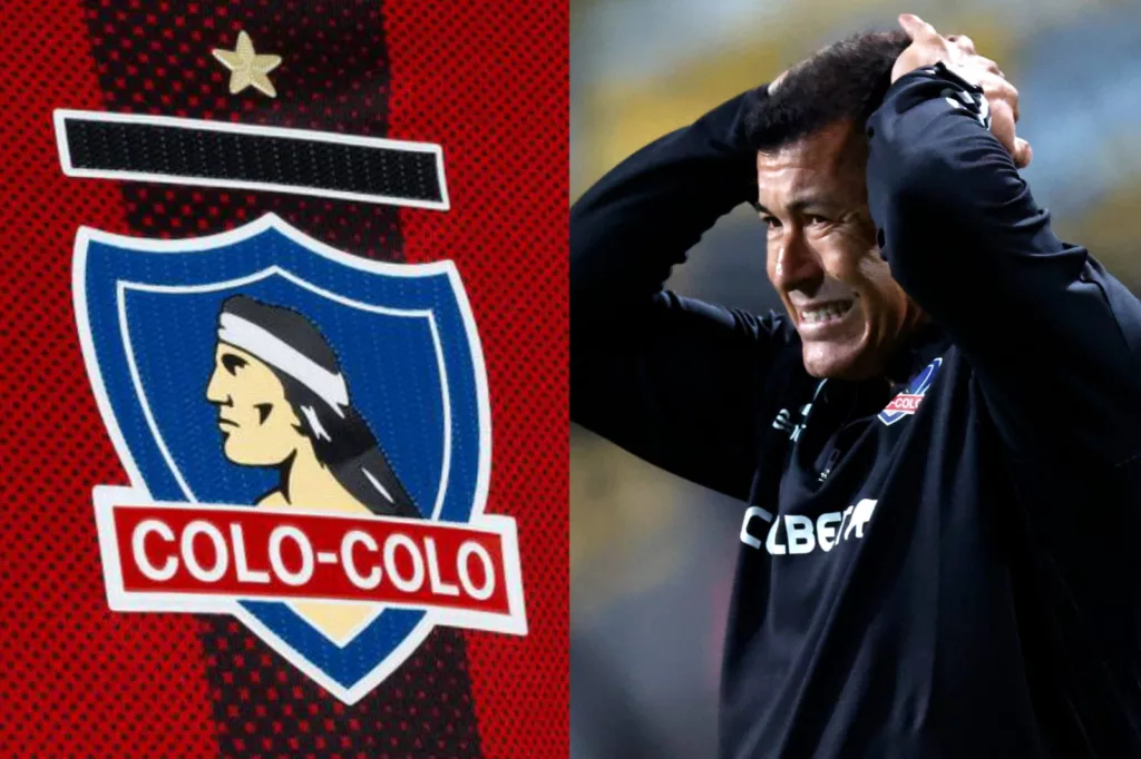 Jorge Almirón lamentándose y el escudo de Colo-Colo