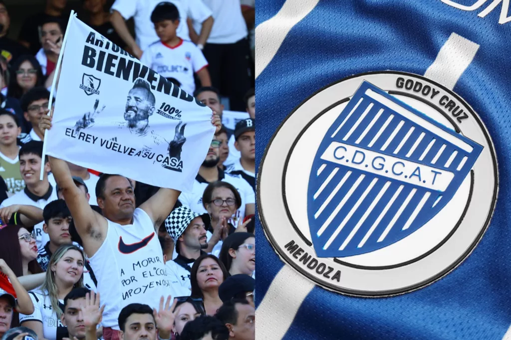 Hinchas de Colo-Colo en el Estadio Monumental y el escudo de Godoy Cruz